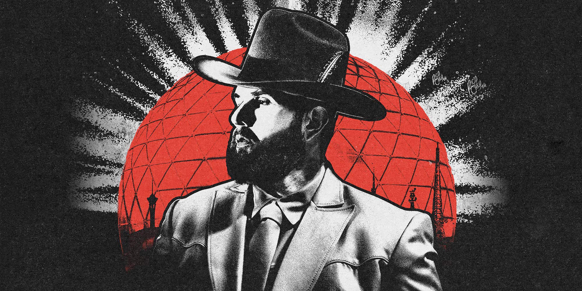 Illustrated black and red graphic featuring headshot of Latin artist Carín León and the Sphere.