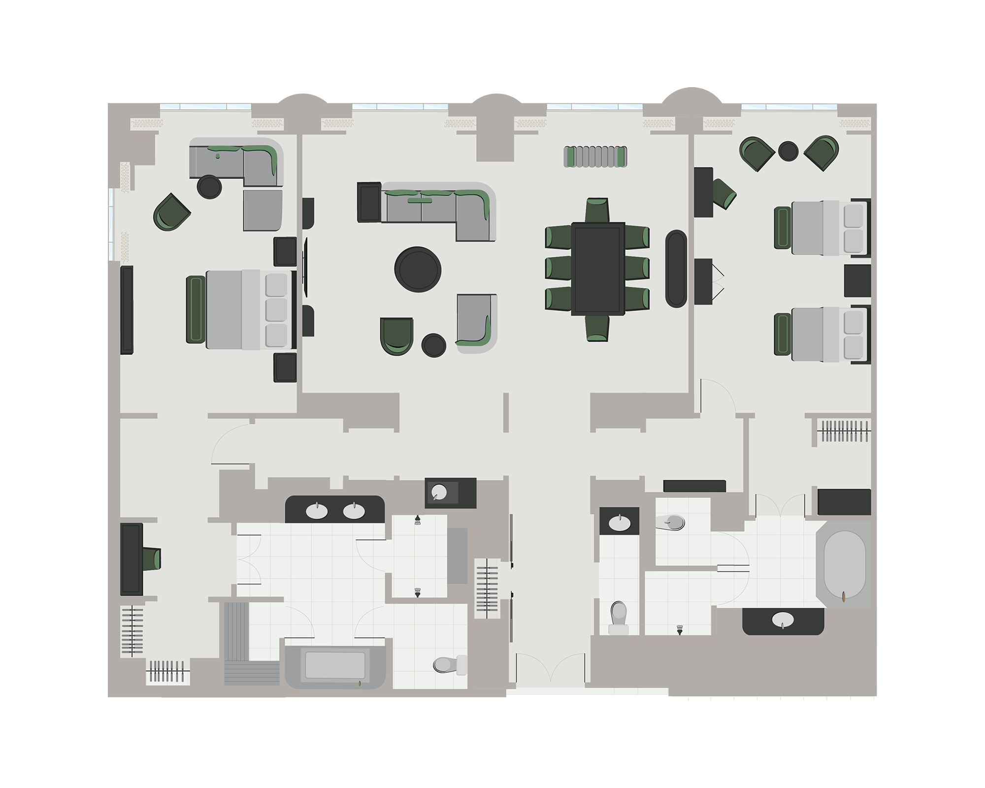Floor plan graphic of a hotel room with a large living room and two bedrooms with en suite bathrooms.