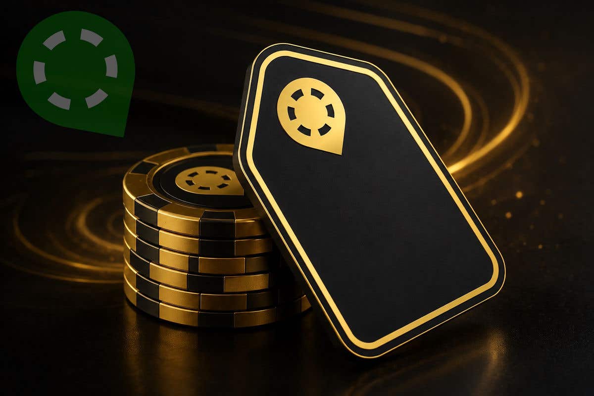 A stack of black and gold poker chips sits next to a matching plaque featuring a poker chip-style location pin logo, representing the PokerAtlas brand.