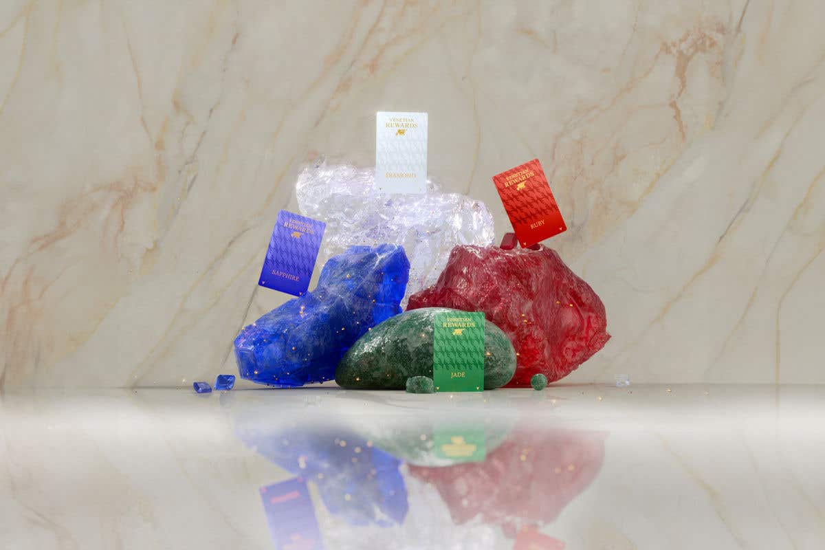 Venetian Rewards tier cards displayed on colored crystal-like stones, representing Jade, Sapphire, Ruby, Diamond, and Chairman membership levels.