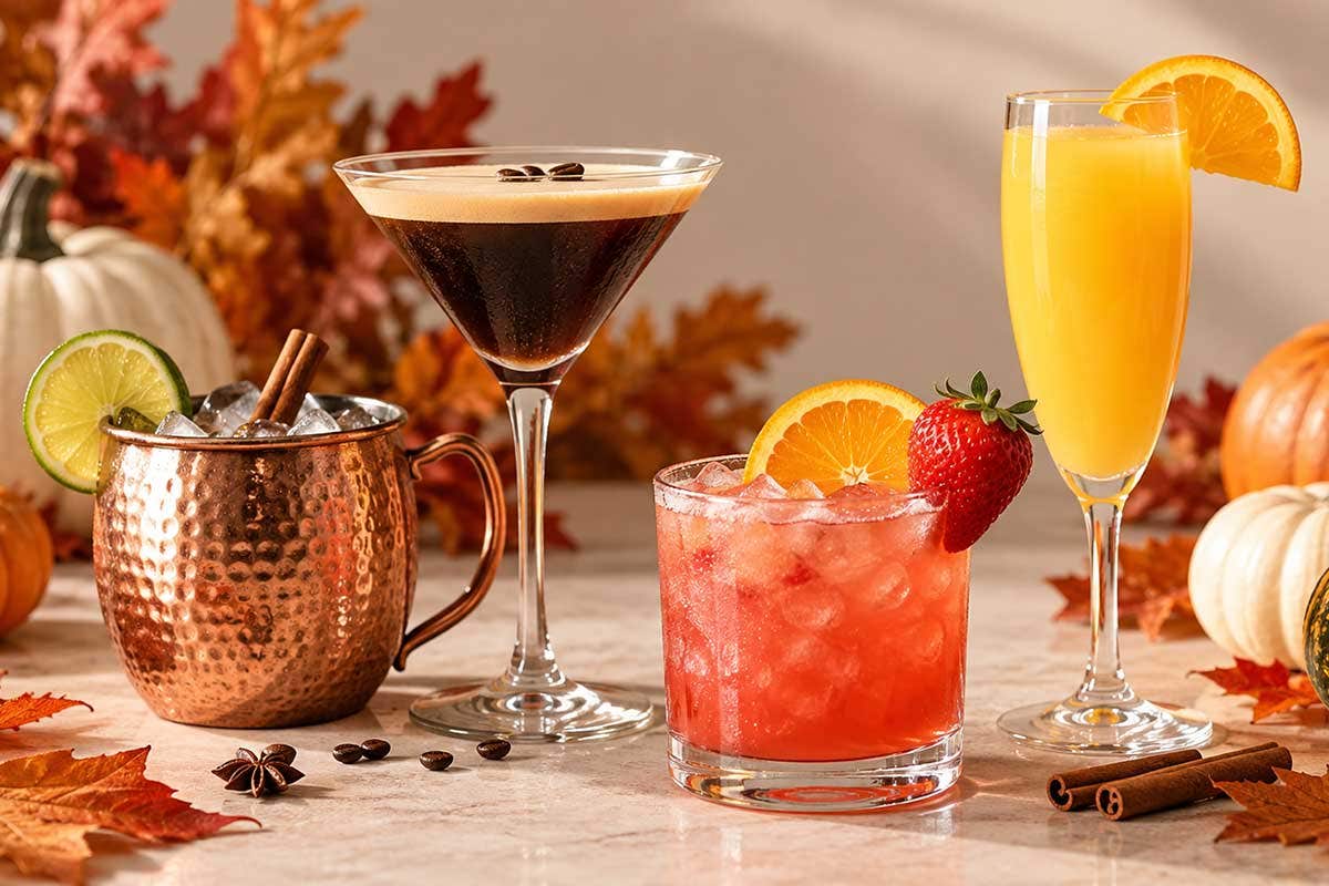 Autumn cocktails with seasonal garnishes on a table with pumpkins and fall leaves.