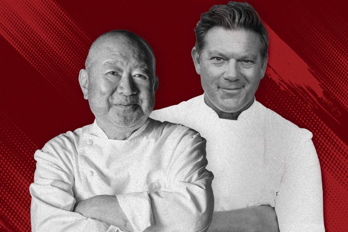 Promotional graphic featuring two chefs against a red background with event branding.