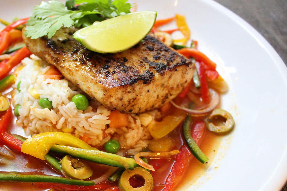 veracruz mahi mahi (sautéed peppers, olives, onions, garlic, marisco broth, steamed white rice, lime, cilantro), seafood, canonita, grand canal shoppes, st. mark’s square, mexican restaurants, latin restaurants,