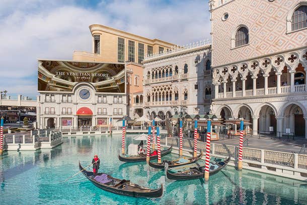 The Venetian Resort in Las Vegas with gondolas on a canal and Venetian-style architecture in the background.