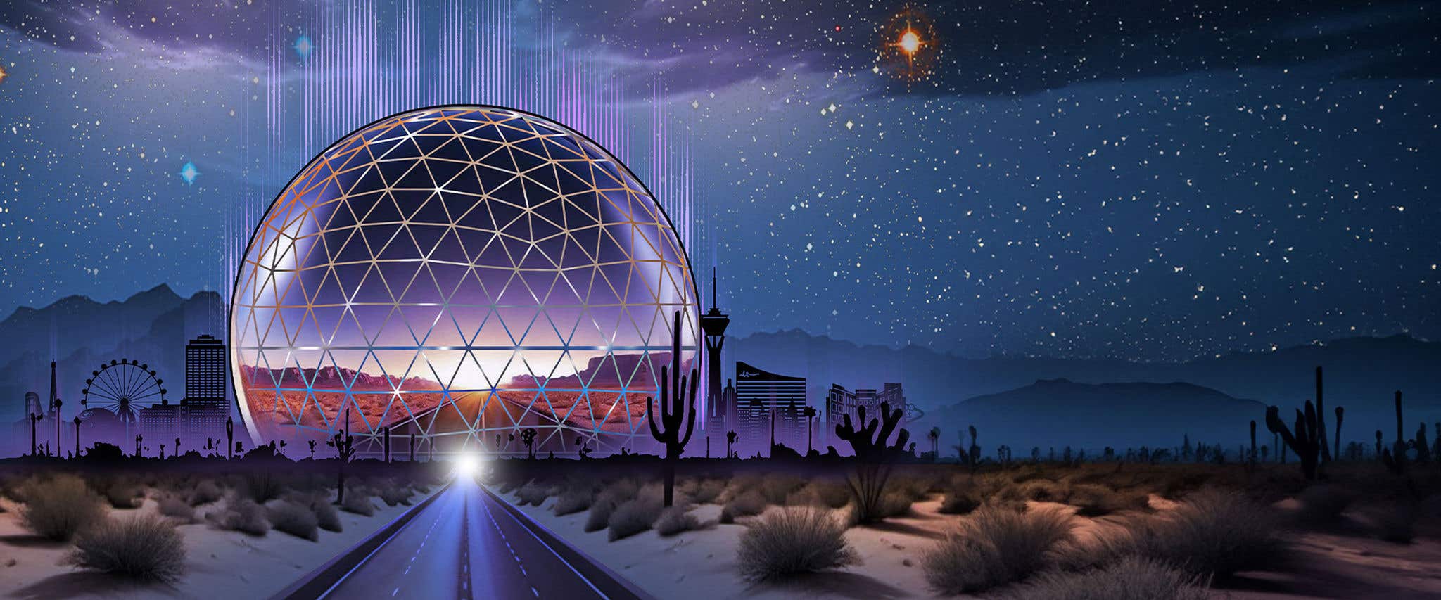 Futuristic dome structure glowing in the desert at night, with a road leading toward it, silhouettes of cacti and Las Vegas skyline details, and a star-filled sky in the background.