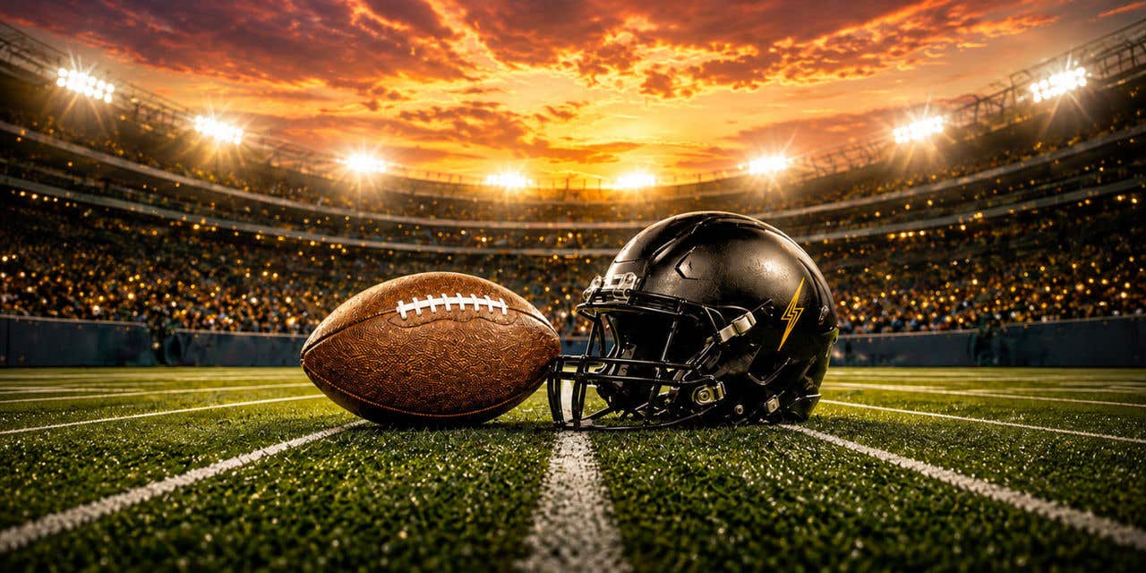 A football next to a football helmet in the middle of a football field.