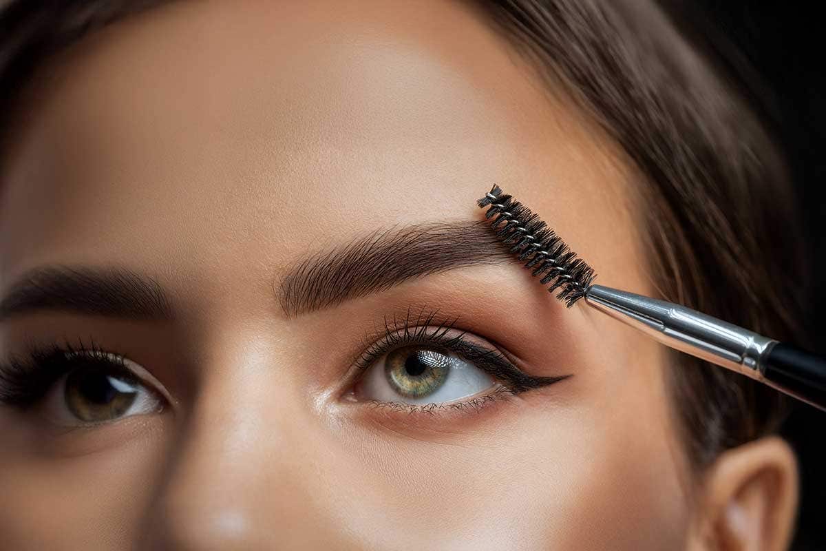 A close-up of a woman's eyebrow being brushed.