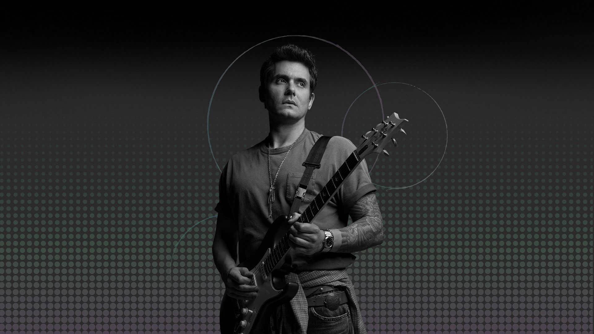 A black and white graphic with dots and circles. Musician John Mayer is pictured in black and white as well, wearing a short sleeve t-shirt, holding a guitar.