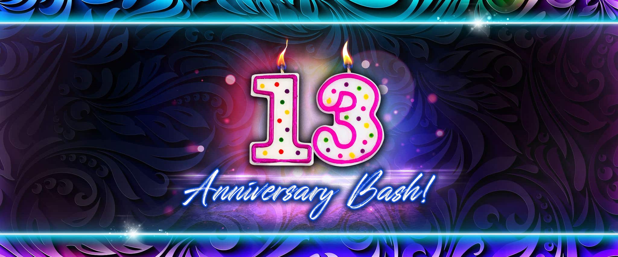 Birthday candles with the number thirteen in front of a purple floral background with anniversary bash below it. 