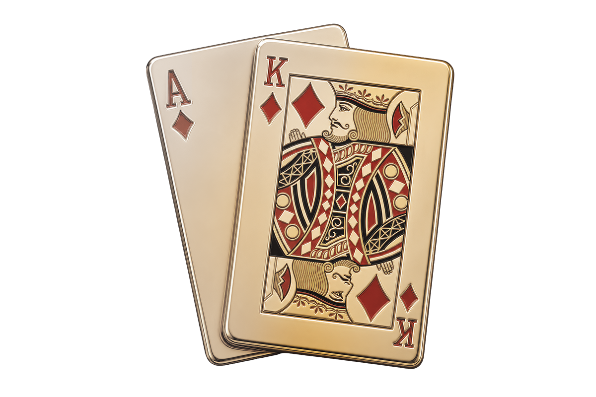 A winning blackjack hand, featuring a golden Ace and King of diamonds playing cards.