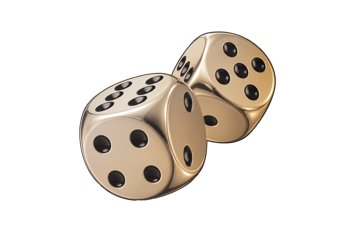 A pair of metallic gold dice, as if just thrown in a game of craps.