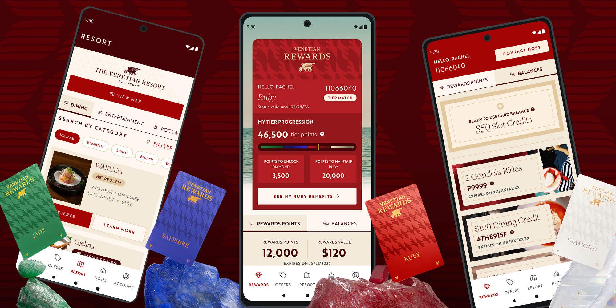 Cell phones showing a mobile app screen, with gems and Venetian Rewards cards in front.