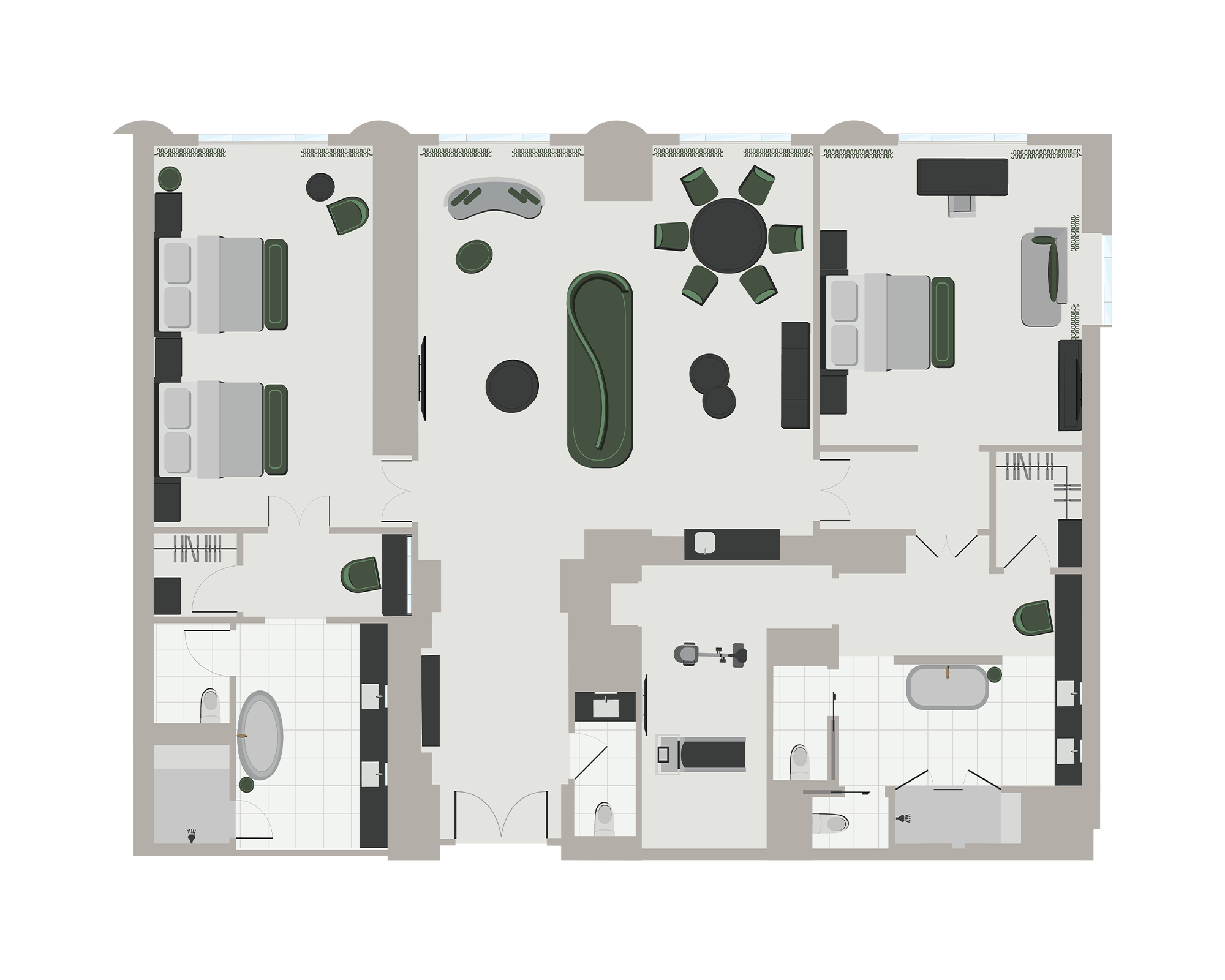 Floor plan graphic of a hotel room with a large living room, two bedrooms with en suite bathrooms, and a workout room.