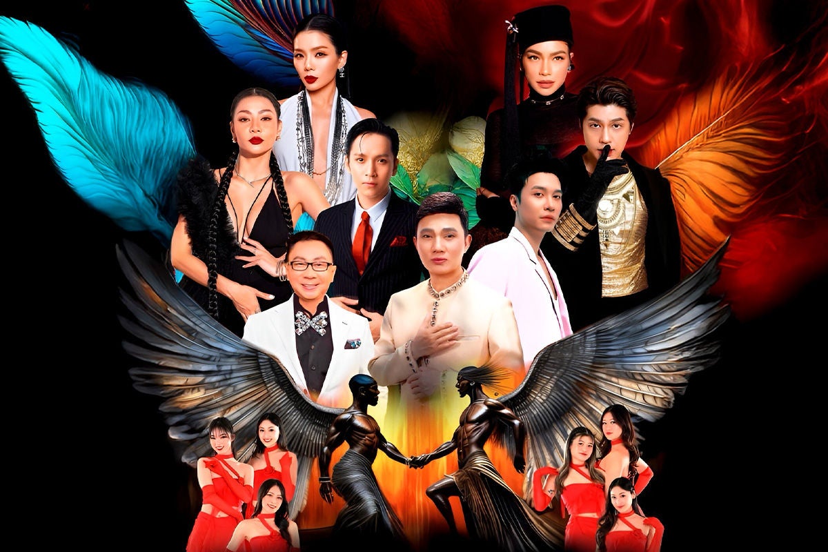 A variety of Vietnamese musical artists and performers with a colorful feather background. 