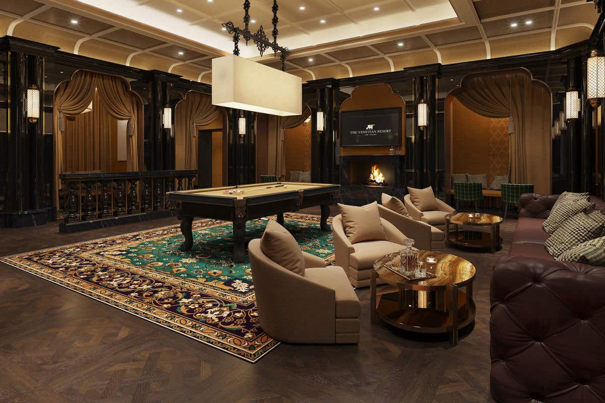 Luxurious lounge featuring a pool table, plush seating, dark wood accents, ornate patterned rug, and a fireplace within The Venetian Resort’s elegant, club style setting.