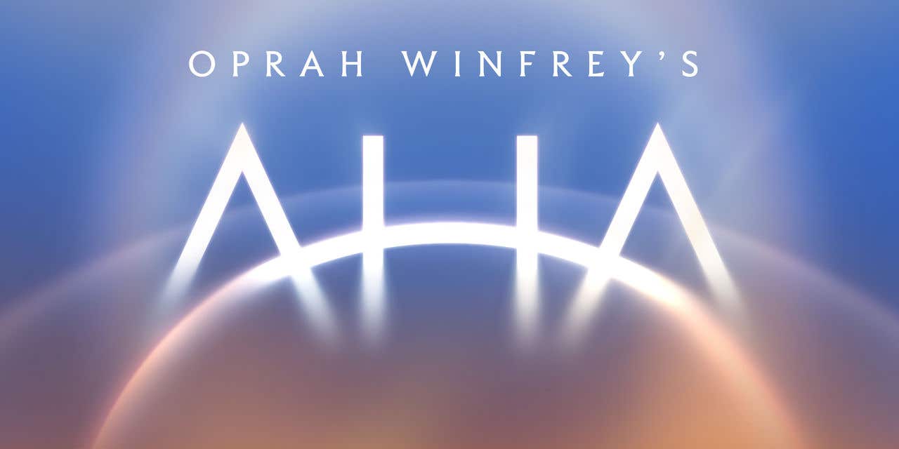 A blue graphic with pinkish tones at the bottom, reminiscent of a sunrise. A white sphere and the word “AHA” is stylized in center.