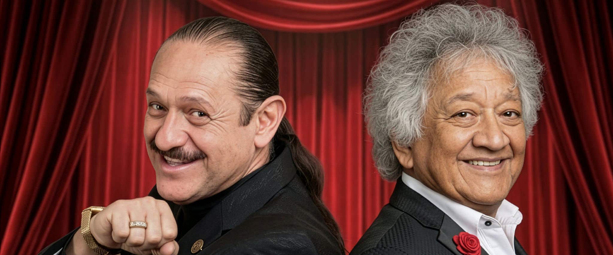 Teo González & Jorge Falcón posing in front of red curtains.