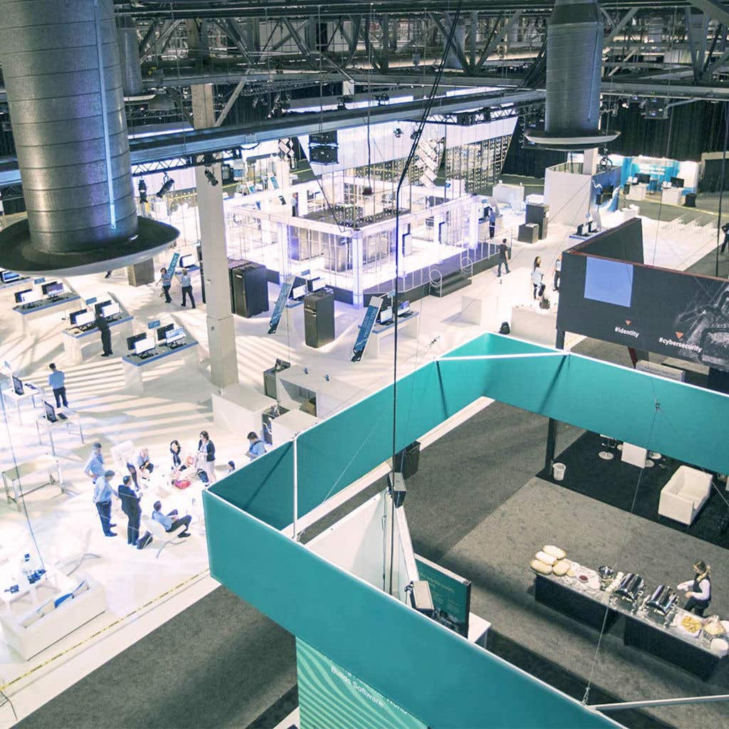 aerial view of an expo hall at the Venetian Resort with events happening. 