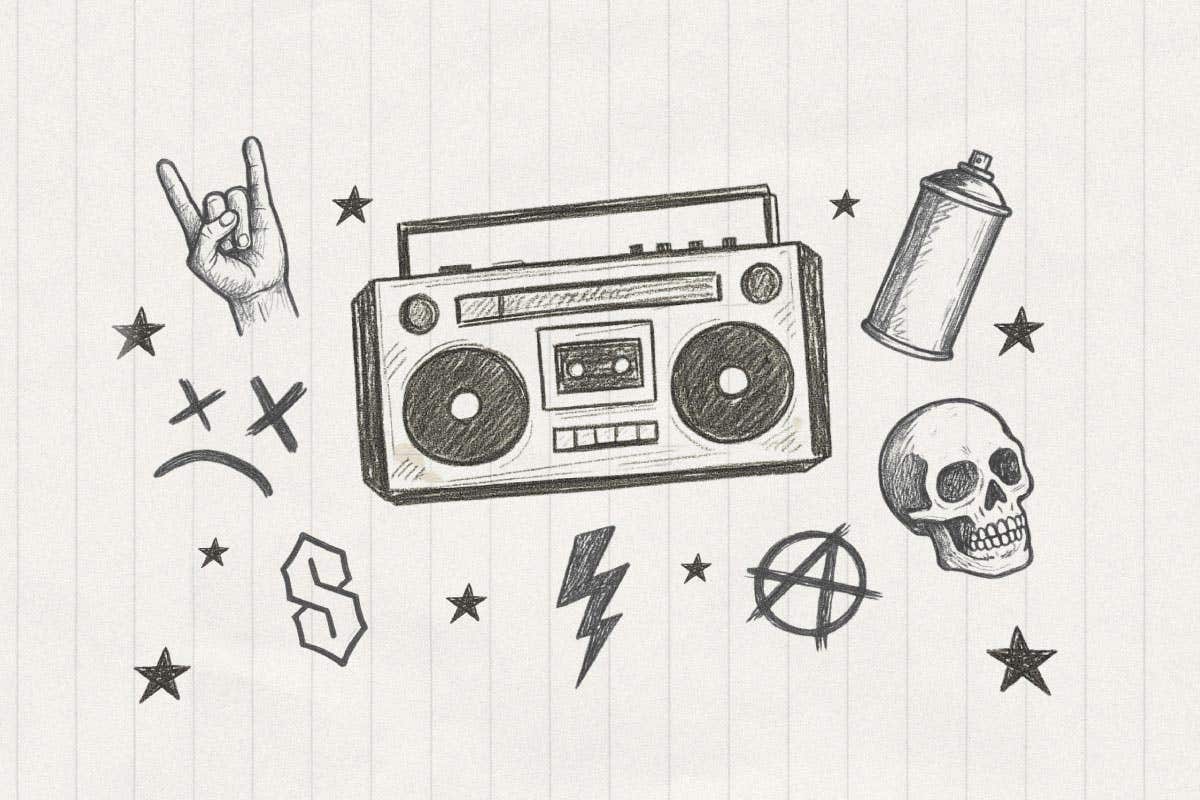 Early 2000s symbols drawn on a piece of notepaper, including a boombox, skull and lightning bolt.