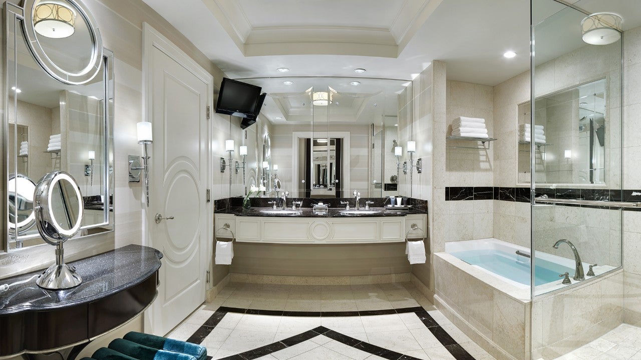 The marble-clad bathroom in a suite at The Venetian Resort