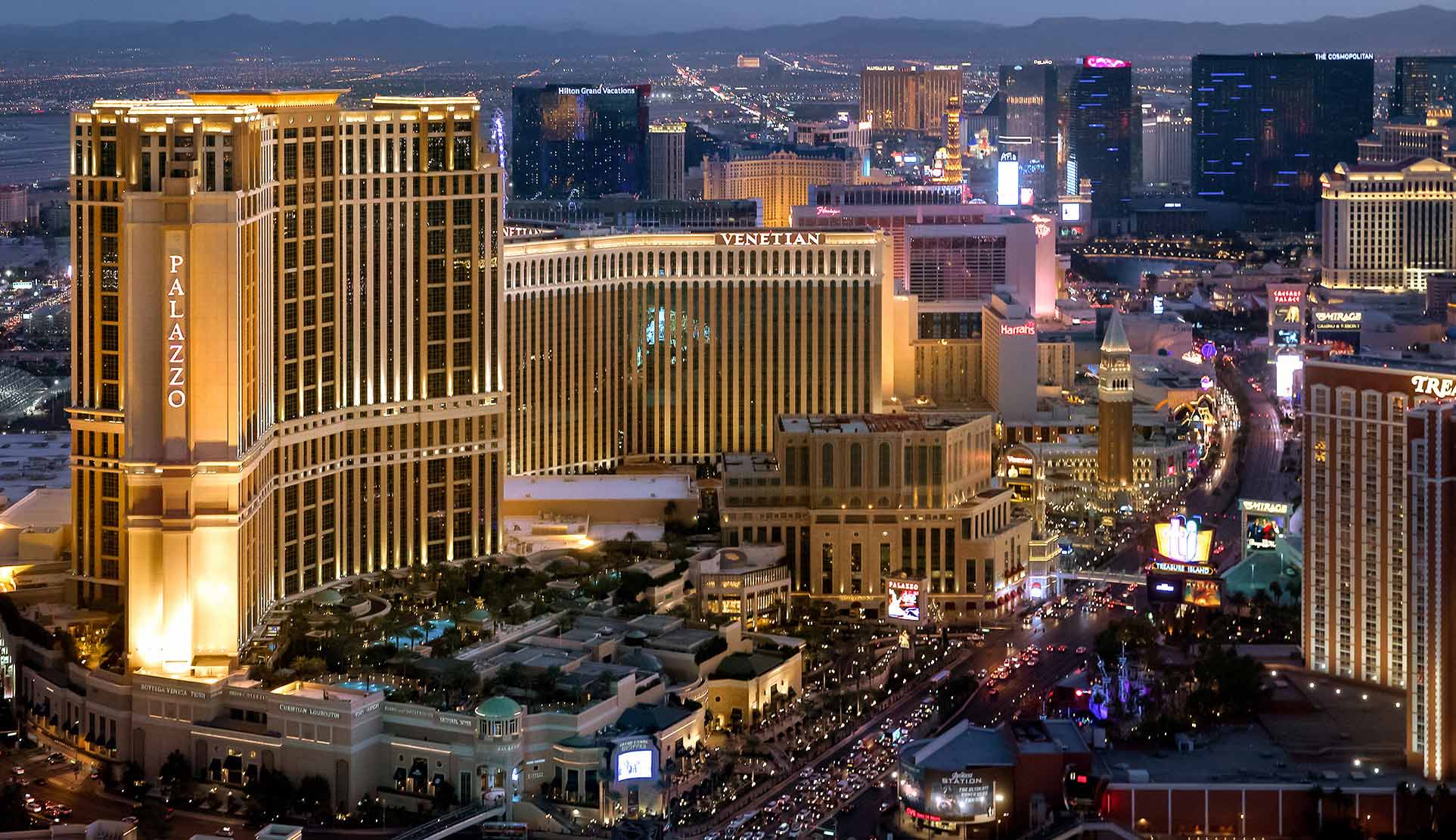 Aerial view of The Palazzo and The Venetian resort towers at night
