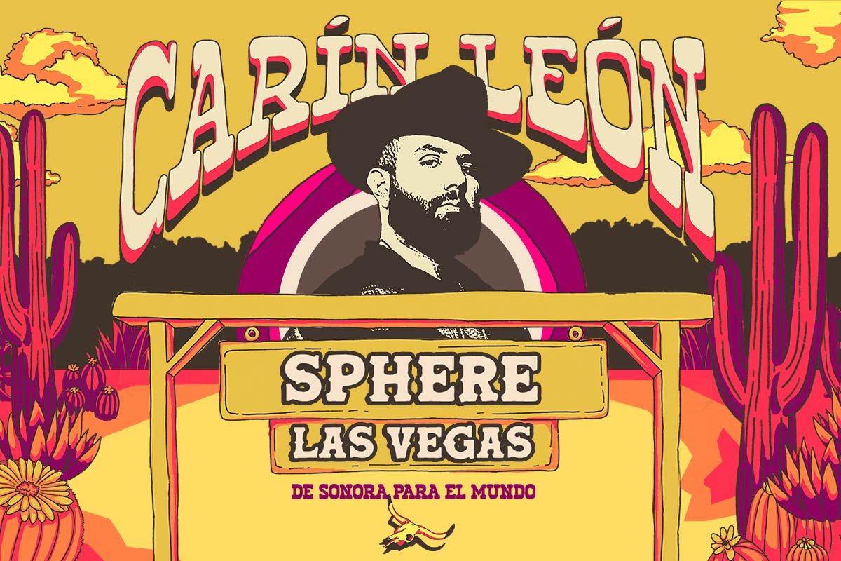 Illustrated desert scene in shades of yellow, orange and pink featuring headshot and dates of Latin artist Carín León.