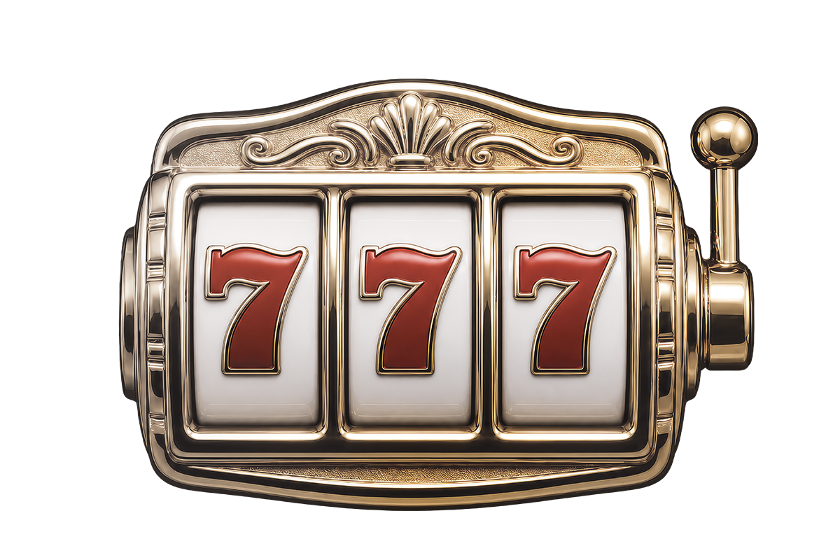 A classic, ornate golden slot machine displaying a jackpot with three red sevens lined up in a row.