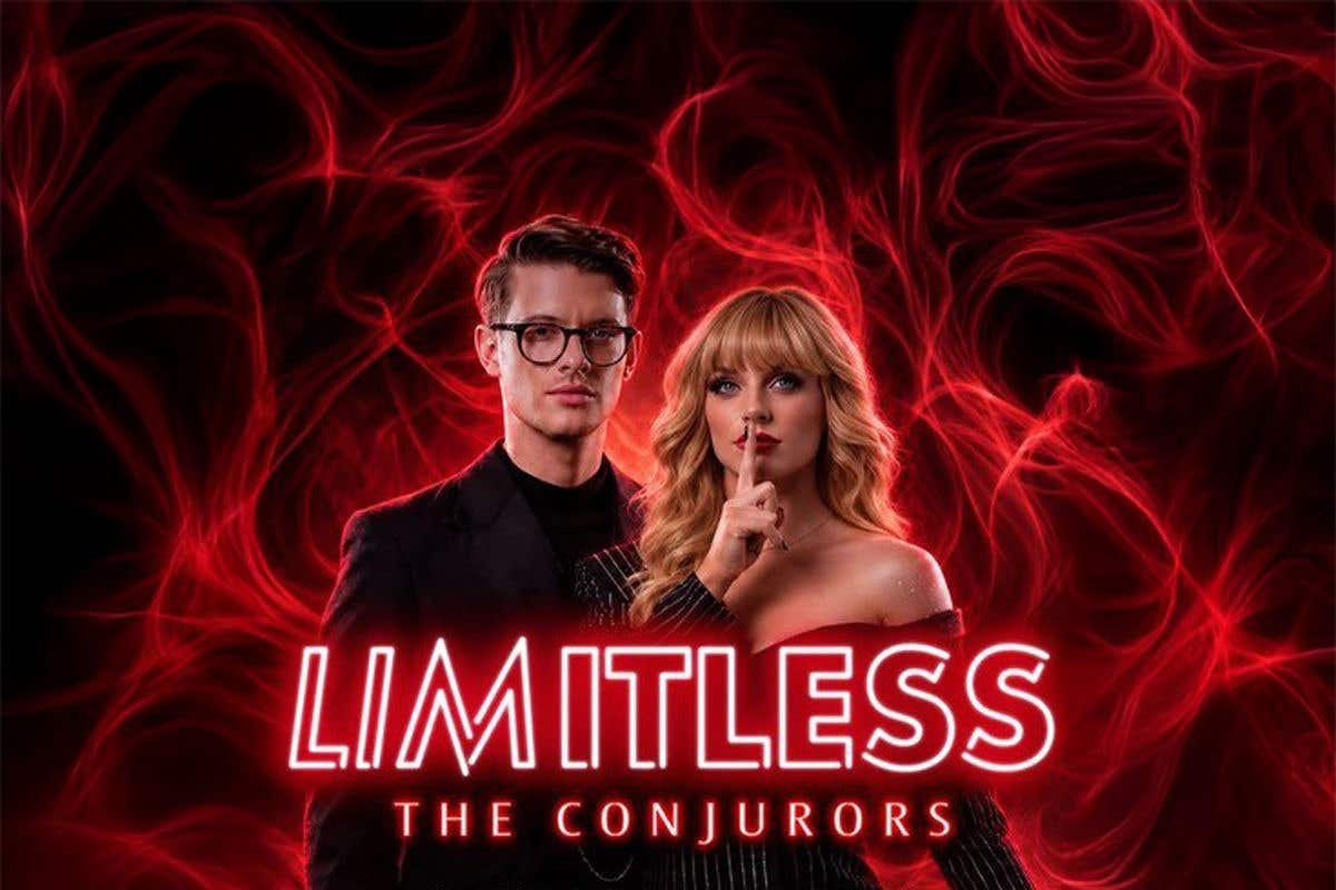 The Conjurors standing in front of a burgundy smoke background looking at the camera.