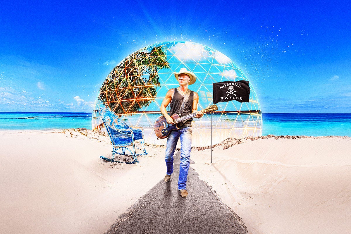 Beach scene with geodesic dome, palm trees, Kenny Chesney playing guitar, and a "No Shoes Nation" flag.