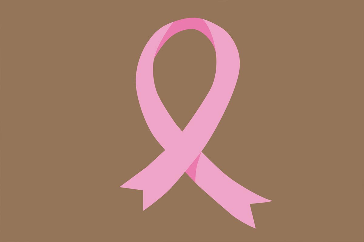 An illustration of a pink ribbon crossed over itself on a brown background.