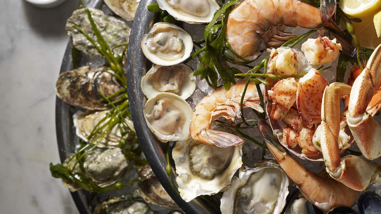 An assortment of seafood on a plate.