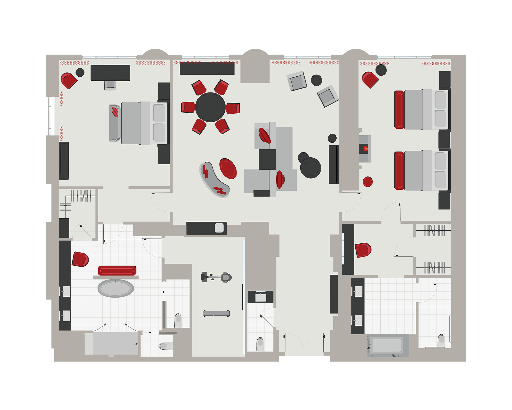 Floor plan graphic of a hotel room with a large living room, two bedrooms, one primary en suite bathroom and one secondary en suite accessible bathroom, and a workout room.