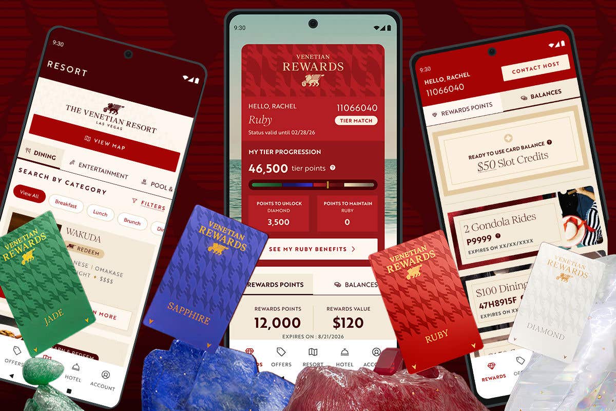 Cell phones showing a mobile app screen, with gems and Venetian Rewards cards in front.