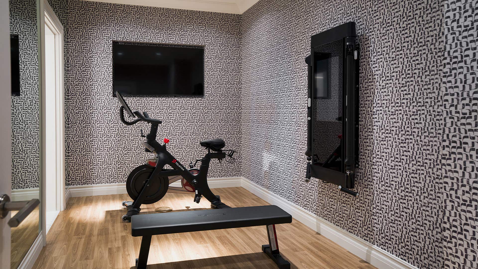 A gym setup with exercise bike.