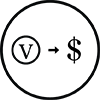 Circular icon with a disc containing a V with an arrow pointing right to a dollar sign, representing earning points.