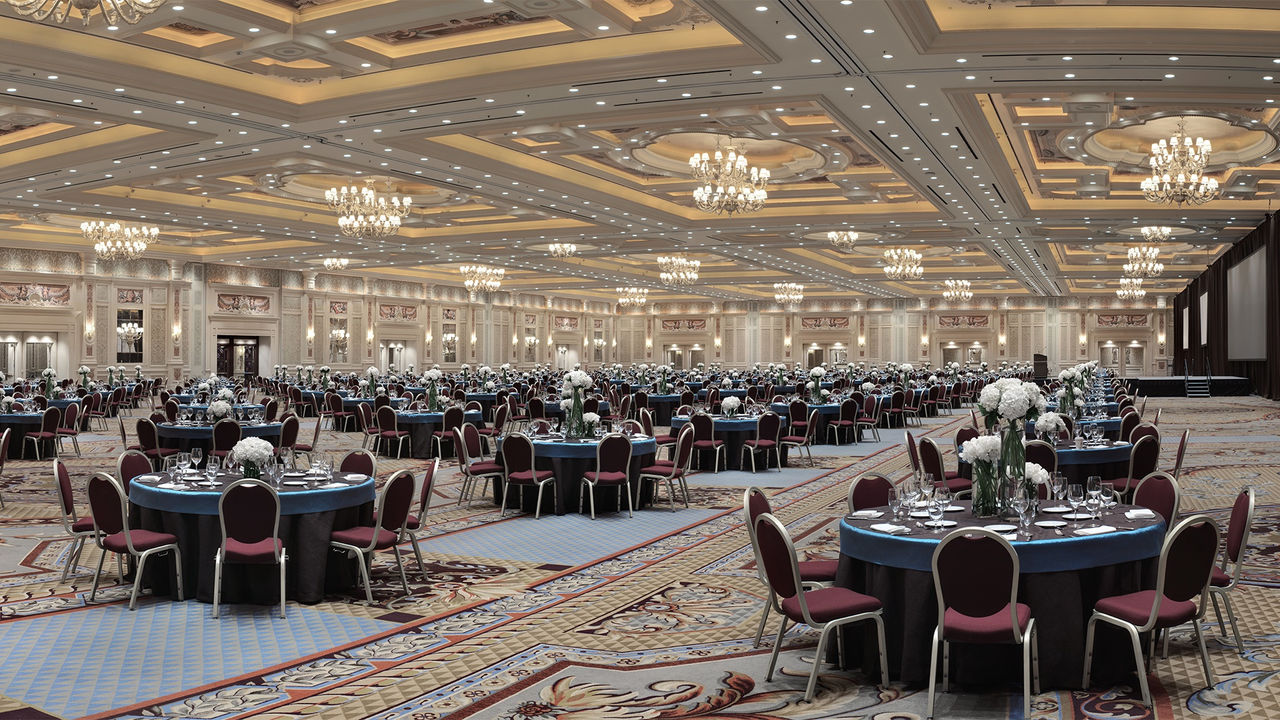 Palazzo Ballroom set with round tables for a dinner event 