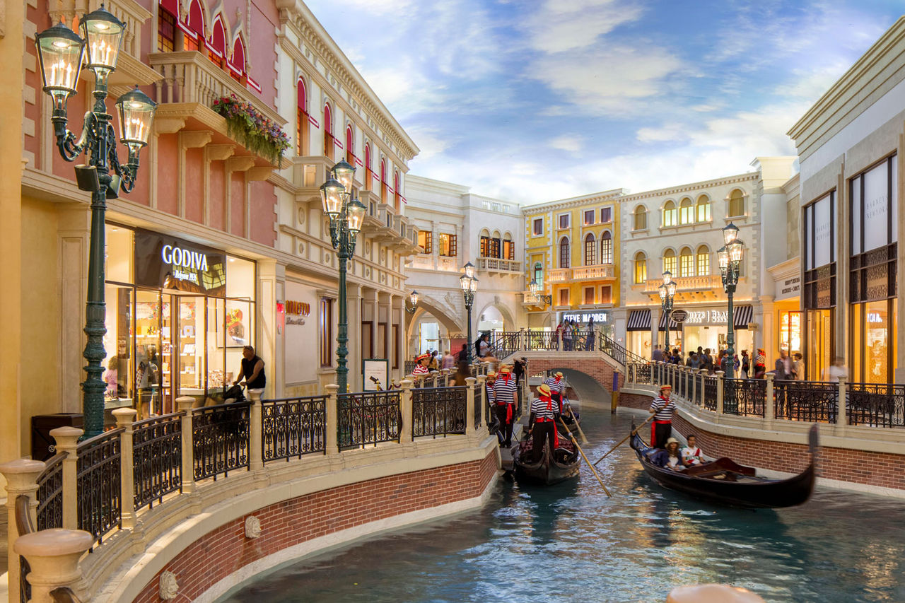 View of the gondolas in the river inside of the Grand Canal Shoppes at Venetian Las Vegas