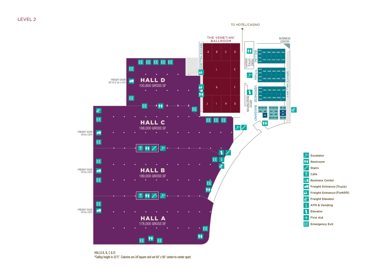 Expo hall A, B, C, D, the Venetian ballroom, and the Belini, Titian, Veronese and Bassano ballroom floor plans.